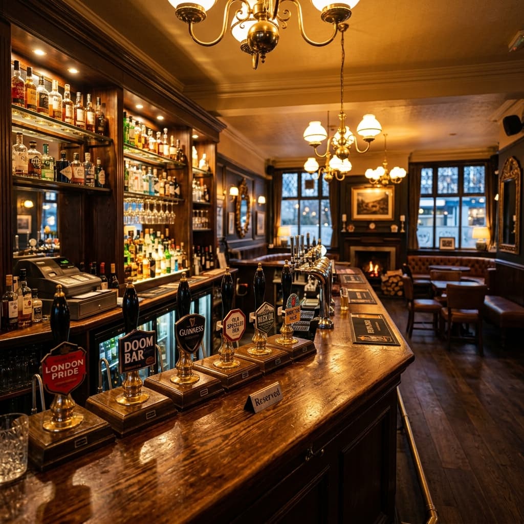 Inside a well-stocked British pub bar with beer taps and back-bar shelving